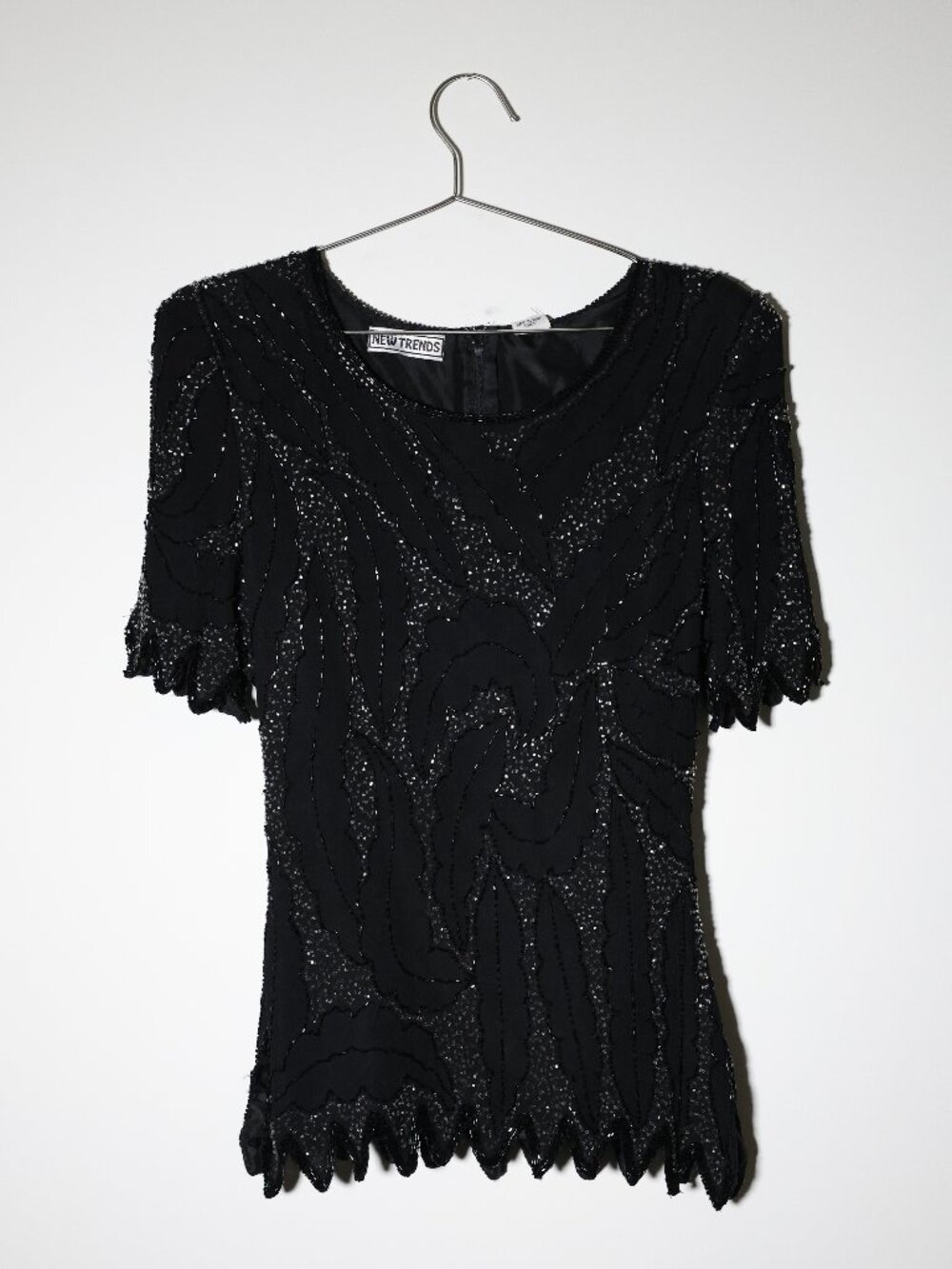 Vintage Silk Beaded Sequin Top Womens Medium Black Evening Party Blouse